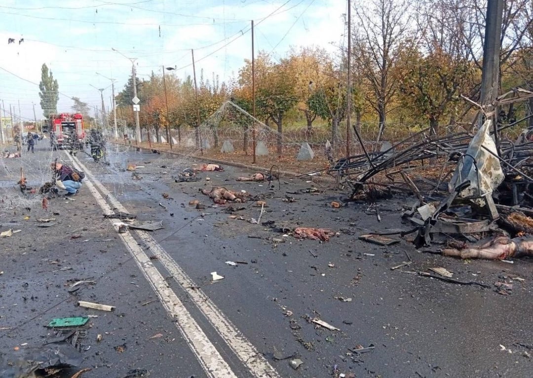 Aftermath of a Russian strike on a civilian bus in Kramatorsk that killed over 30 people.