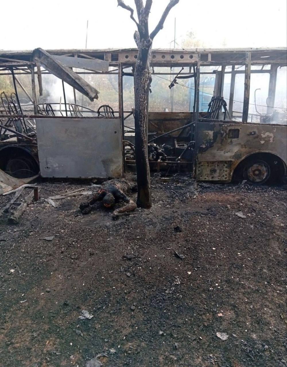 Aftermath of a Russian strike on a civilian bus in Kramatorsk that killed over 30 people.
