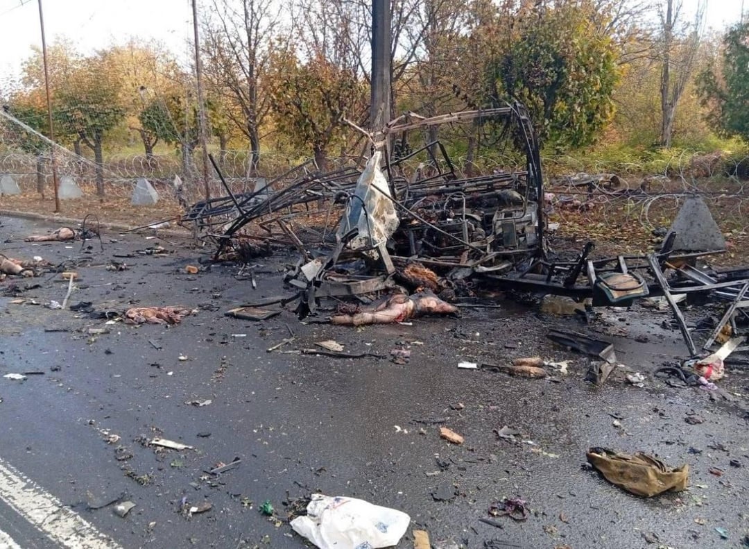 Aftermath of a Russian strike on a civilian bus in Kramatorsk that killed over 30 people.