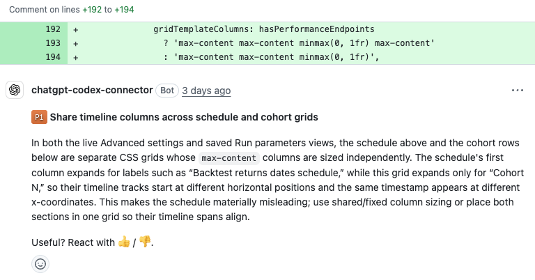 Damn, Codex reviews are really good, here it caught visual stuff just from reading the styling code - there were two timelines that shared start/end date, so it caught that they should be visually aligned to prevent confusion.